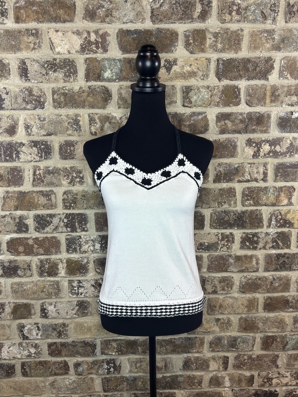 LOFT White Knit Tie Neck Top with Black and White trim Womens Medium Petite